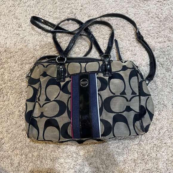 Coach Signature C Satchel Bag Womens Black Khaki Patent Trim Stripe F25526 - Picture 1 of 11
